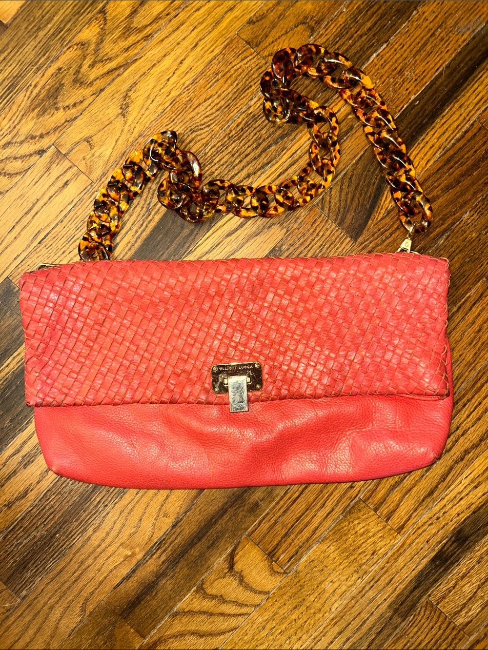 Elliott Lucca orange Woven Leather Shoulder Bag w/Tortoise Chain/Knicks fans,NY